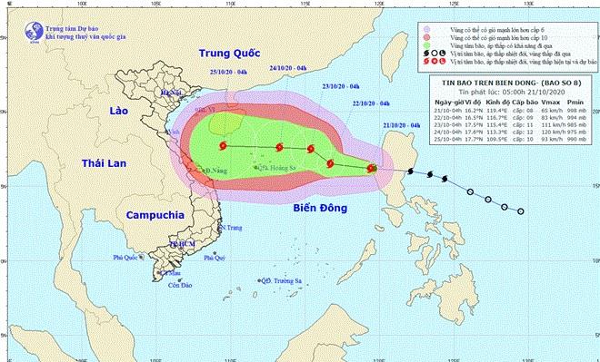 Vị trí và đường đi hiện tại của bão số 8.