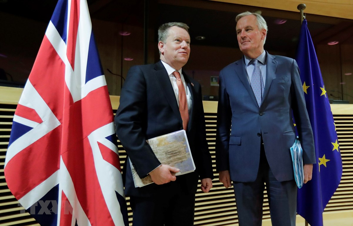 Trưởng đoàn đàm phán thương mại hậu Brexit của Anh David Frost (trái) và người đồng cấp EU Michel Barnier (phải) tại vòng đàm phán ở Brussels, Bỉ ngày 2/3/2020.