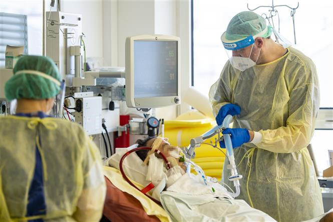 Nhân viên y tế điều trị cho bệnh nhân COVID-19 tại bệnh viện Klinikum Rechts der Isar ở Munich, Đức, ngày 25/1/2021. 