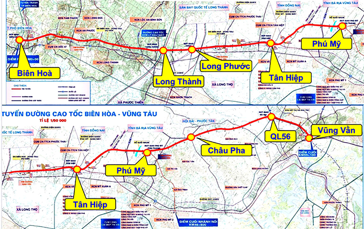 Sơ đồ hướng tuyến cao tốc Biên Hòa - Vũng Tàu.