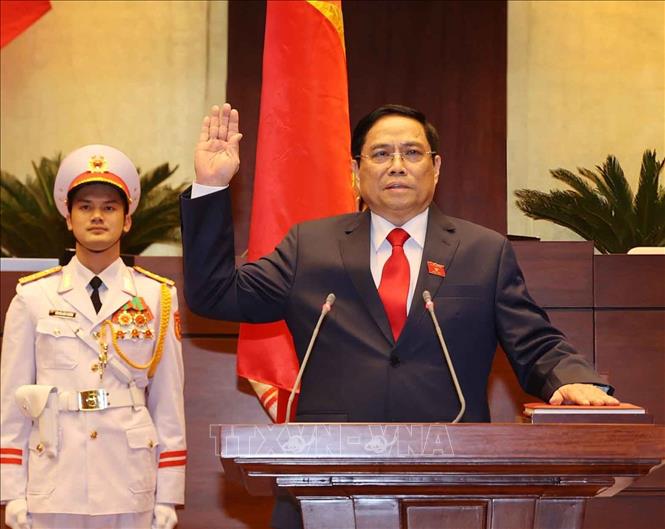 Thủ tướng Chính phủ Phạm Minh Chính tuyên thệ nhậm chức trước Quốc hội, đồng bào và cử tri cả nước. Ảnh: Trí Dũng/TTXVN