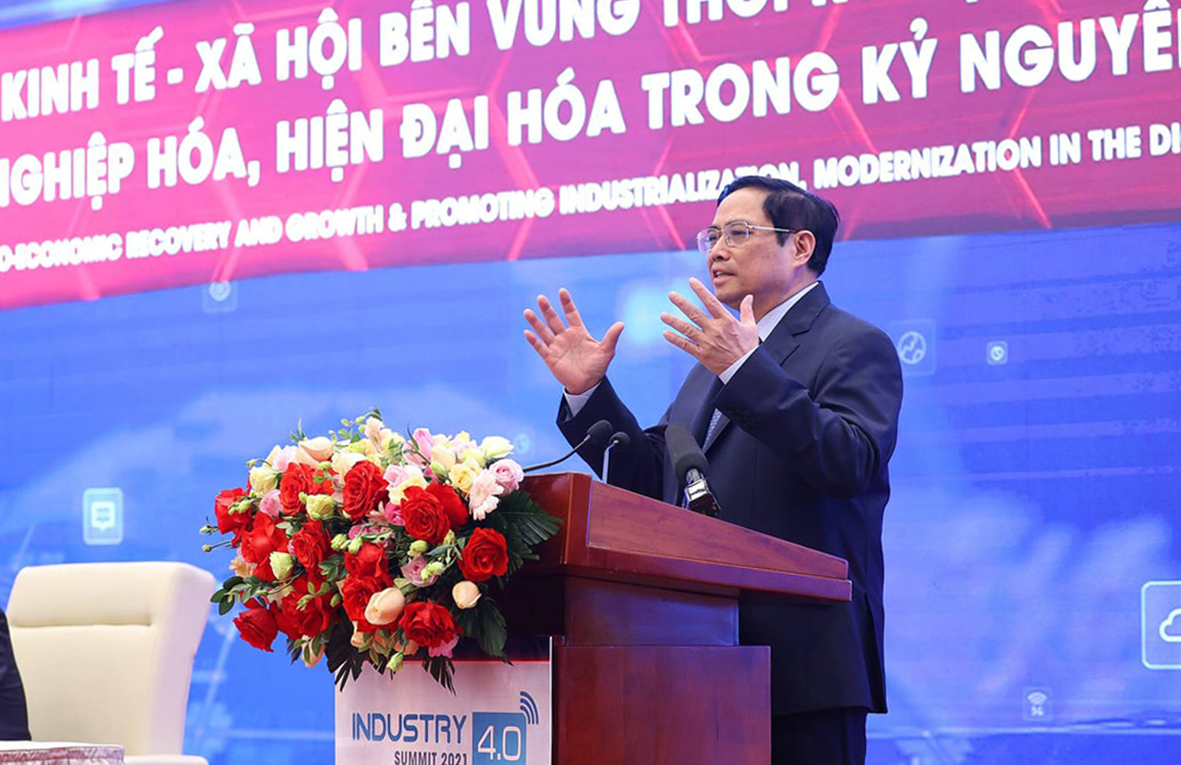 Thủ tướng Phạm Minh Chính phát biểu tại Diễn đàn cấp cao về Công nghiệp 4.0. Ảnh: TTXVN