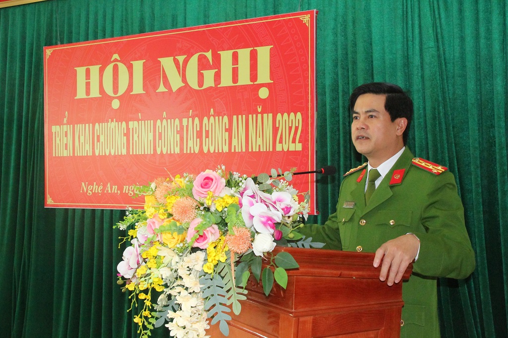 Đồng chí Đại tá Nguyễn Đức Hải, Phó Giám đốc Công an tỉnh, Thủ trưởng Cơ quan Cảnh sát điều tra phát biểu chỉ đạo tại Hội nghị