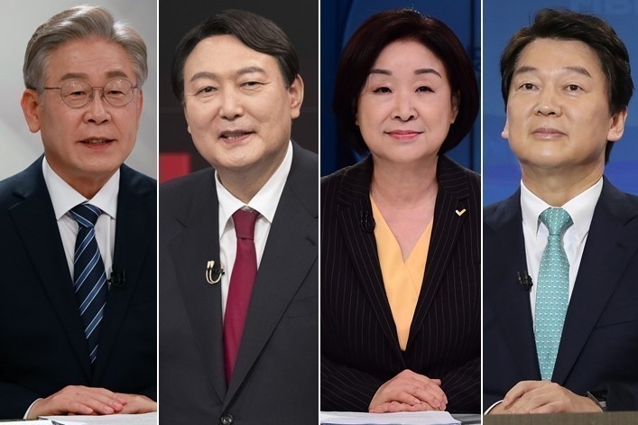 Các ứng viên tổng thống Hàn Quốc từ trái qua phải Lee Jae-myung, Yoon Suk-yeol, Sim Sang-jeung và Ahn Cheol-soo.