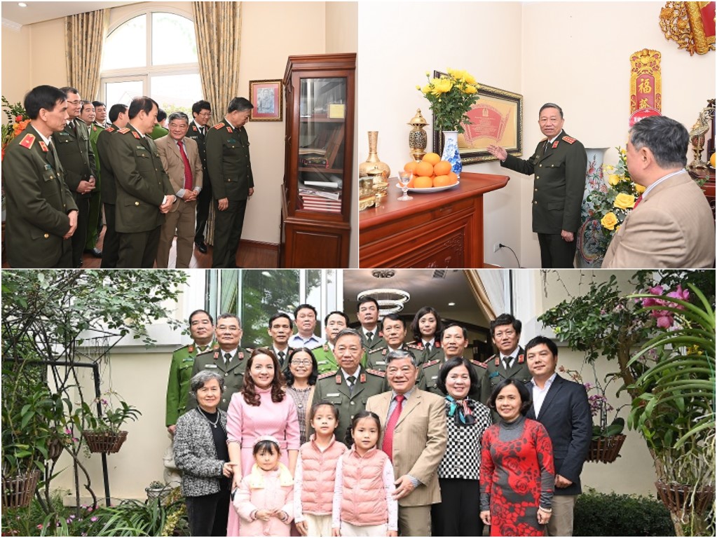 Bộ trưởng Tô Lâm cùng các đồng chí trong Đoàn tưởng nhớ về sự nghiệp hoạt động cách mạng của đồng chí Trần Quyết. chụp ảnh lưu niệm với thân nhân gia đình đồng chí Trần Quyết.