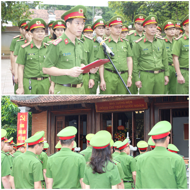 Đồng chí Thượng tá Trần Đức Thân, Trưởng phòng Cảnh sát hình sự thay mặt Đoàn báo công tại Khu di tích nhà tưởng niệm Cố Bộ trưởng Bộ Công an Trần Quốc Hoàn