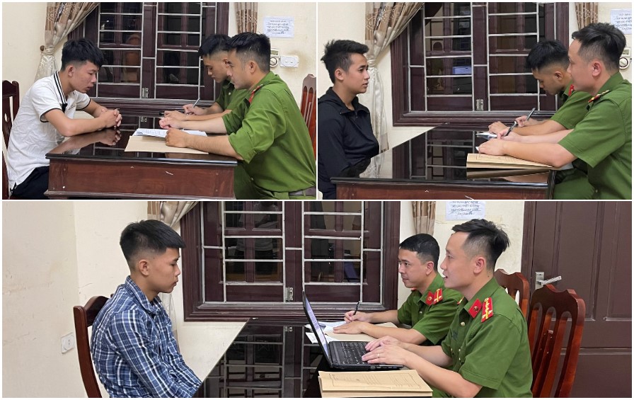Cán bộ Công an huyện Diễn Châu làm việc với các đối tượng trong tối 04/7/2022