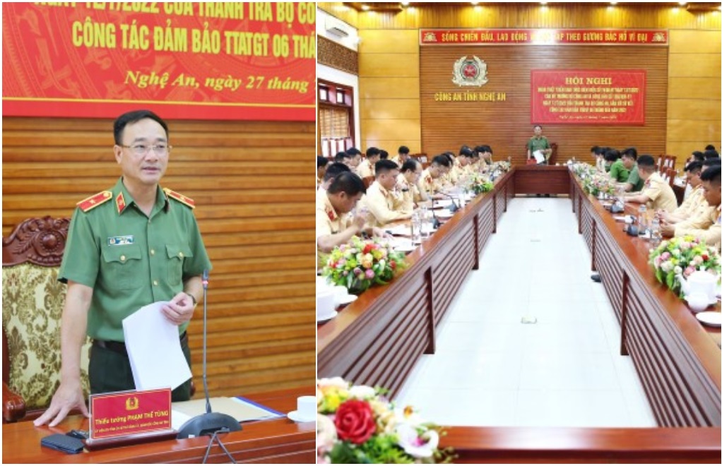 Đồng chí Thiếu tướng Phạm Thế Tùng, Giám đốc Công an tỉnh phát biểu chỉ đạo tại Hội nghị trực tuyến quán triệt, triển khai thực hiện chỉ đạo của Bộ trưởng Bộ Công an về công tác bảo đảm TTATGT, gắn với sơ kết công tác TTATGT 06 tháng đầu năm 2022