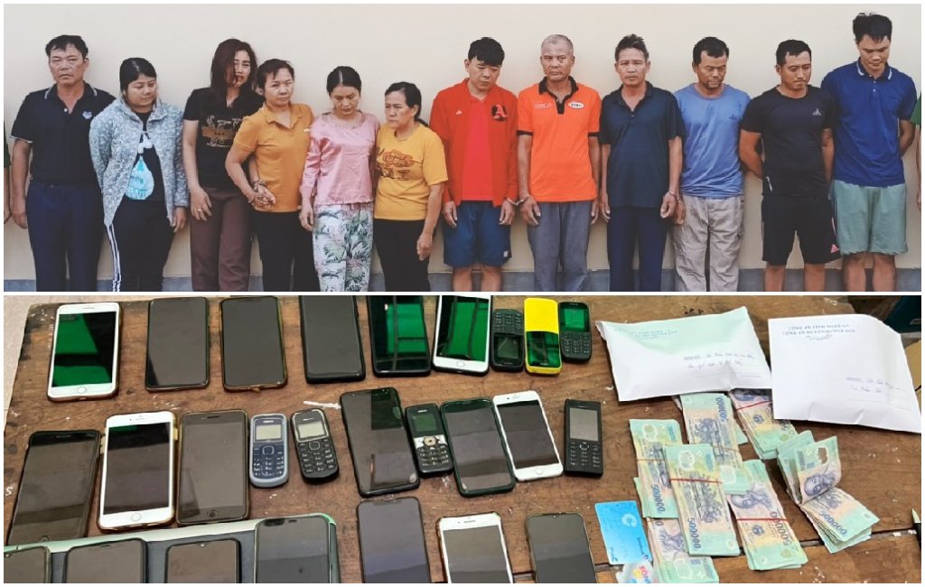 Các đối tượng và tang vật trong đường dây đánh bạc dưới hình thức mua bán số lô, số đề qua mạng internet bị Công an huyện Quỳnh Lưu phối hợp với các đơn vị nghiệp vụ đấu tranh, triệt xoá