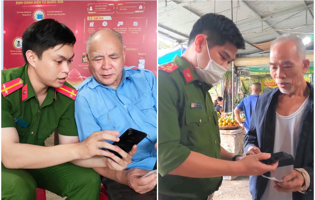 Công an huyện Thanh Chương tư vấn, hỗ trợ đăng ký cài đặt định danh điện tử VNeID và thực hiện dịch vụ công trực tuyến tại Chợ chiều thị trấn Dùng (huyện Thanh Chương)