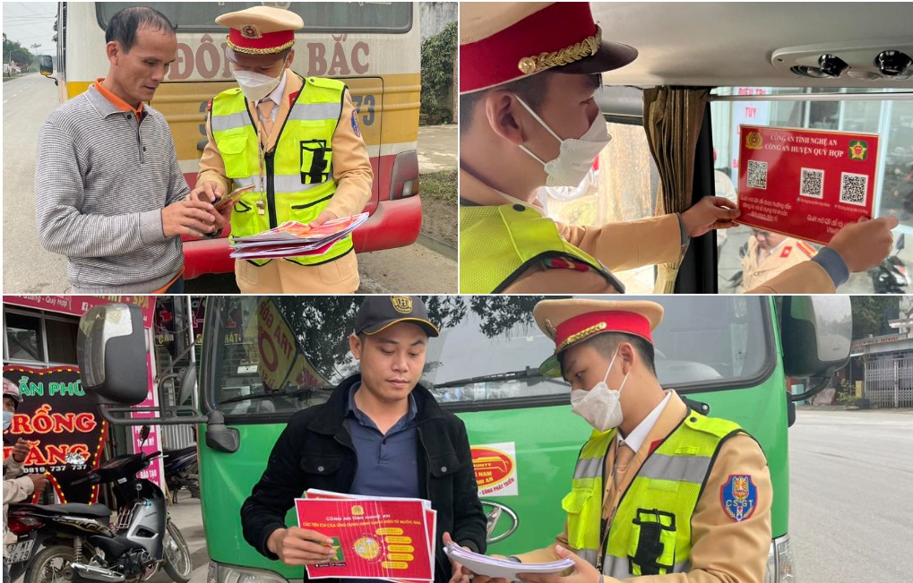 Công an huyện Quỳ Hợp phát tờ rơi tuyên truyền, hướng dẫn cài đặt định danh điện tử trên các phương tiện vận tải hành khách