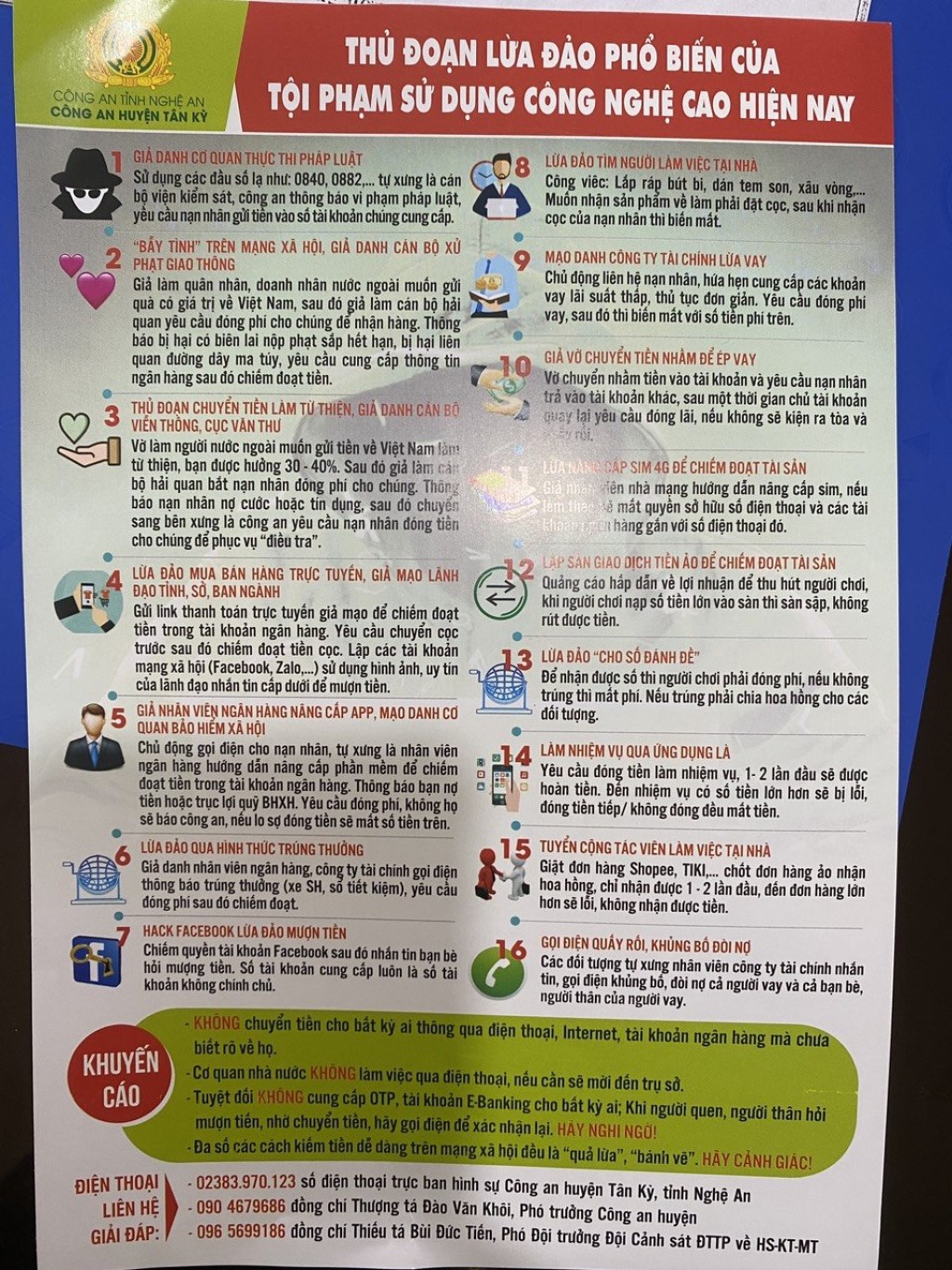 Tờ rơi tuyên truyền về thủ đoạn tội phạm  sử dụng công nghệ cao mà Công an xã Nghĩa Phúc tuyên truyền tới người dân