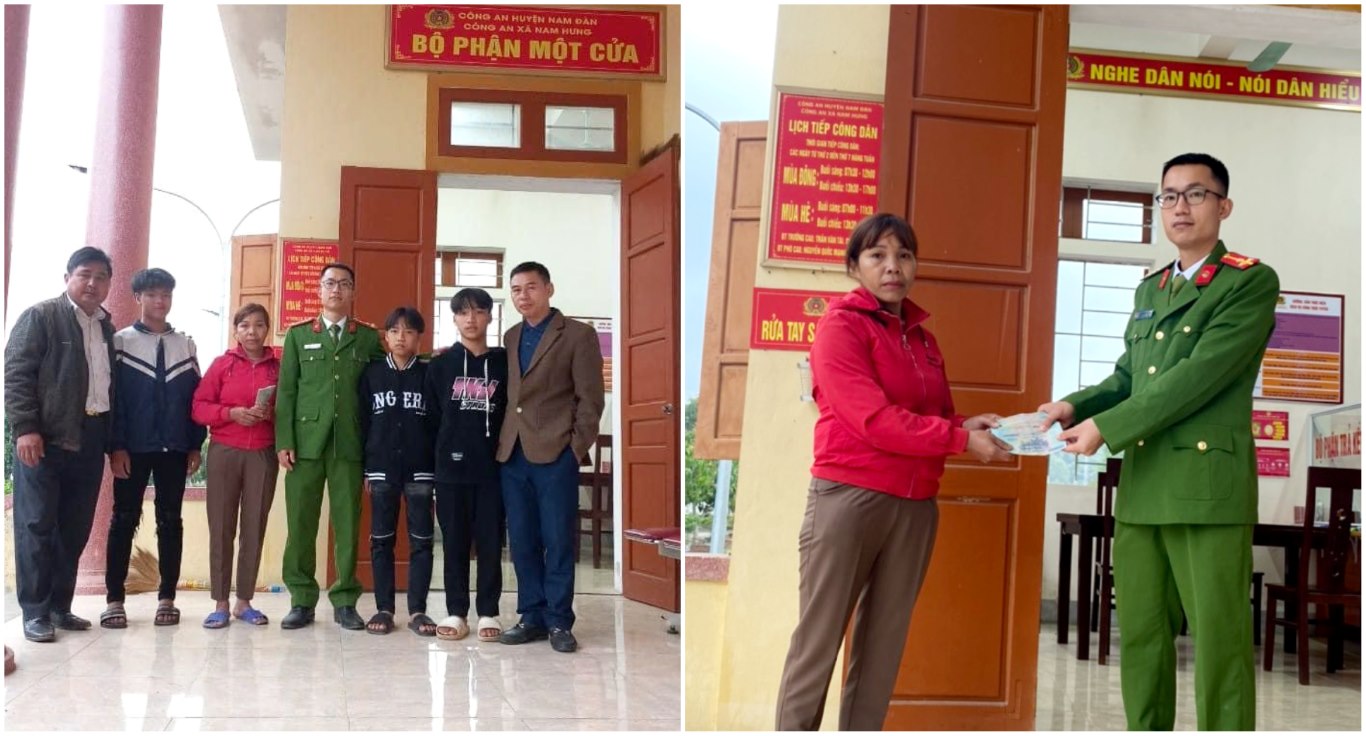 Công an xã Nam Hưng trả lại số tiền chị Hải đánh rơi trước sự chứng kiến của phụ huynh, học sinh và nhà trường 