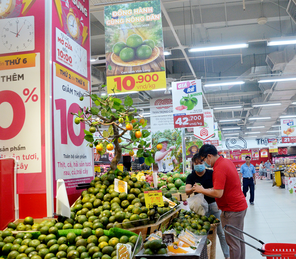 Người dân mua cam sành trong chương trình “Đồng hành cùng nông dân” tại siêu thị GO! Bà Rịa sáng 16/2.