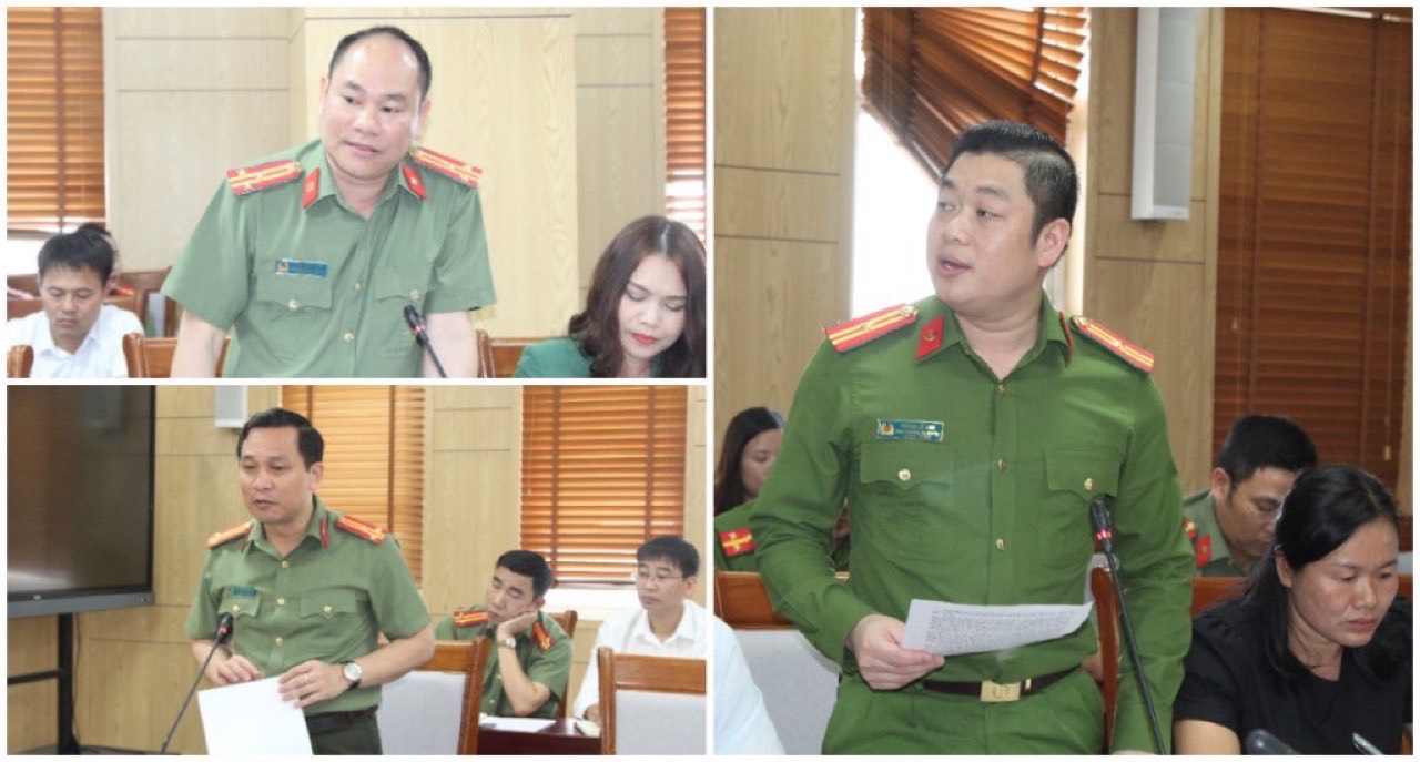 Đại diện lãnh đạo Phòng Xây dựng phong trào toàn dân bảo vệ an ninh Tổ quốc, Công an thành phố Vinh, Công an huyện Diễn Châu báo cáo kết quả công tác đảm bảo ANTT của 06 xã; kết quả thẩm định đề xuất ra khỏi danh sách xã trọng điểm, phức tạp về ANTT