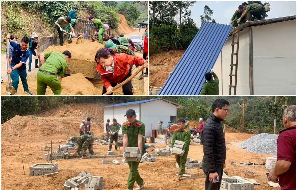 Với tinh thần, trách nhiệm, lực lượng Công an Nghệ An đã huy động hàng nghìn lượt cán bộ, chiến sỹ tham gia hỗ trợ vận chuyển vật liệu, thi công móng, lắp ghép nhà