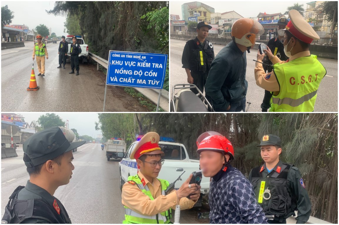Trạm CSGT Diễn Châu (Phòng CSGT) phối hợp Phòng Cảnh sát Cơ động Công an Nghệ An triển khai chốt kiểm soát nồng độ cồn theo quy định