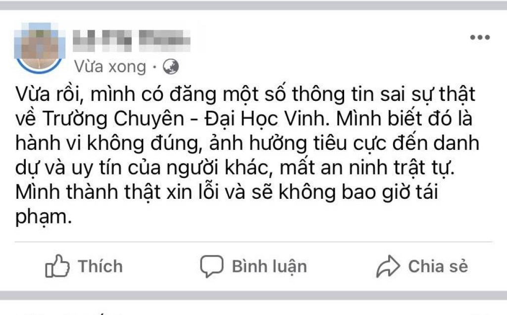 Nữ sinh L.T.T. đã xin lỗi trên trang facebook cá nhân