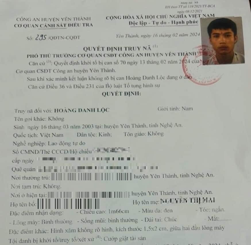 Quyết định truy nã Hoàng Danh Lộc