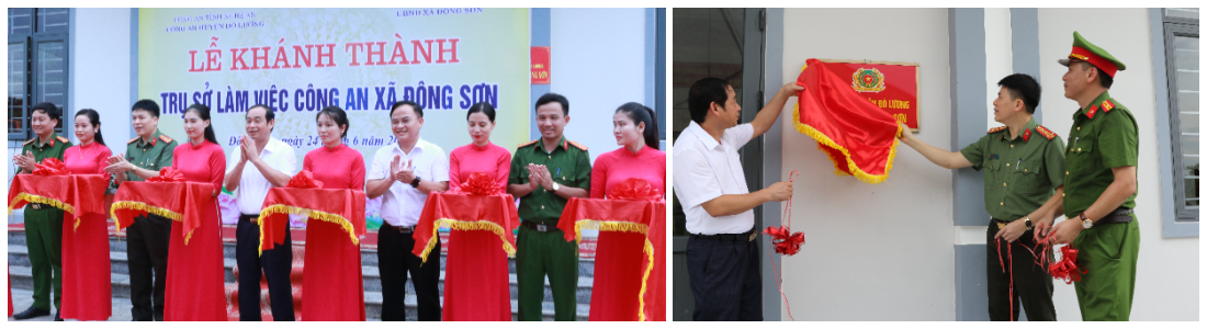 Các đại biểu cắt băng khánh thành, gắn biển trụ sở làm việc Công an xã Đông Sơn và Công an xã Tràng Sơn