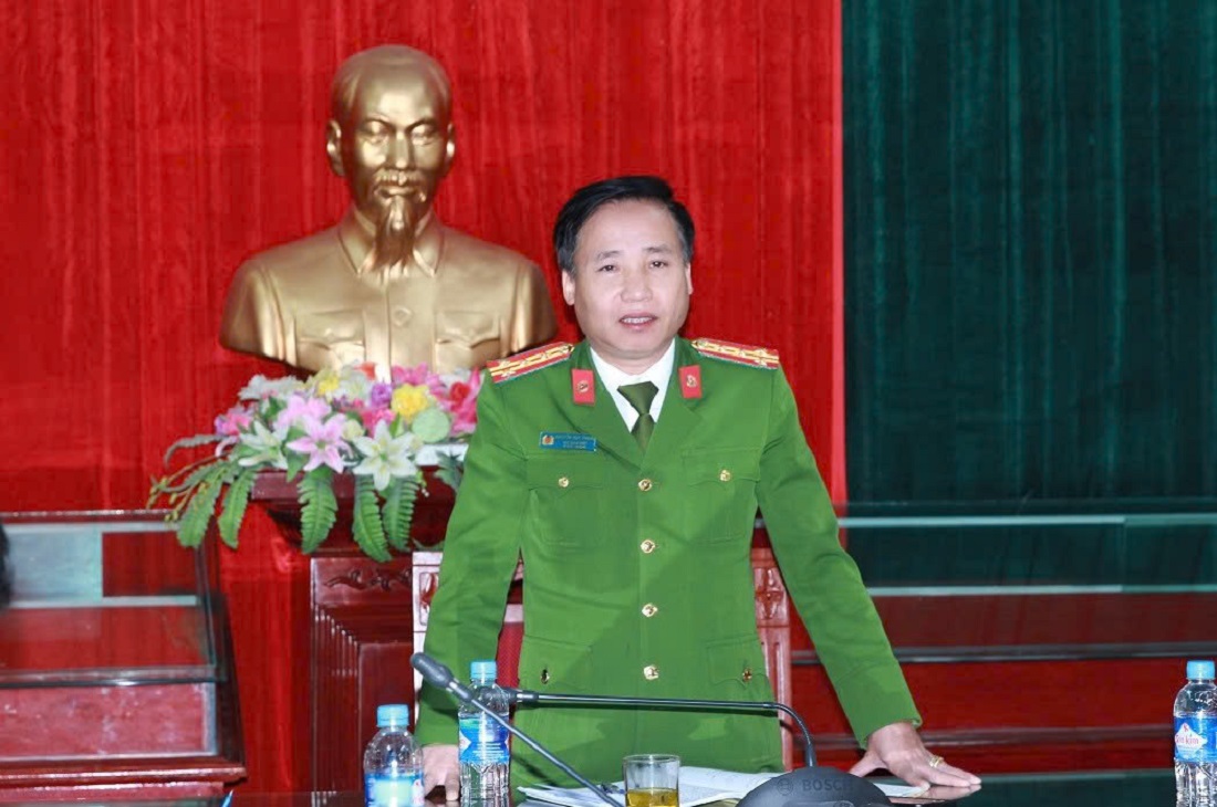 Đồng chí Đại tá Nguyễn Duy Thanh, Phó Giám đốc Công an tỉnh phát biểu chỉ đạo tại buổi làm việc 