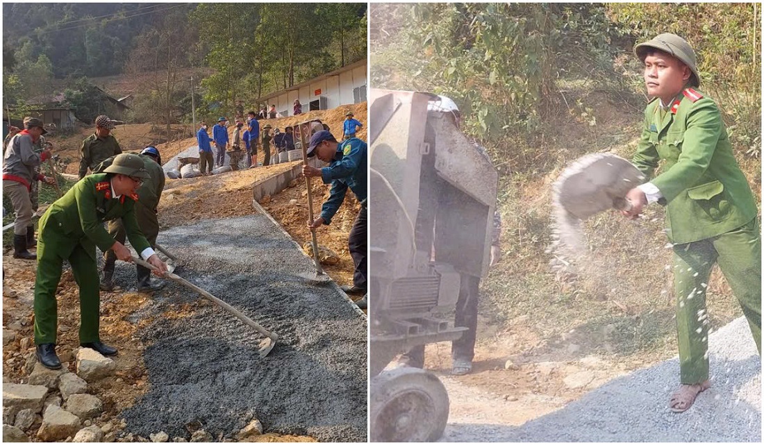 Công an xã Bảo Nam, huyện Kỳ Sơn phối hợp Đoàn TNCS Hồ Chí Minh xã Bảo Nam và Tổ ANTT cơ sở các bản làm đường nông thôn mới tại bản Nam Tiến 1, xã Bảo Nam