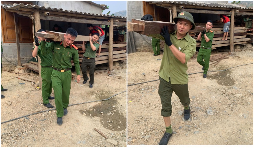Công an xã Yên Na phối hợp Tổ bảo vệ an ninh trật tự ở cơ sở xã Yên Na vận chuyển nguyên vật liệu để xây dựng nhà ở cho hộ gia đình ông Lương Xuân Tình