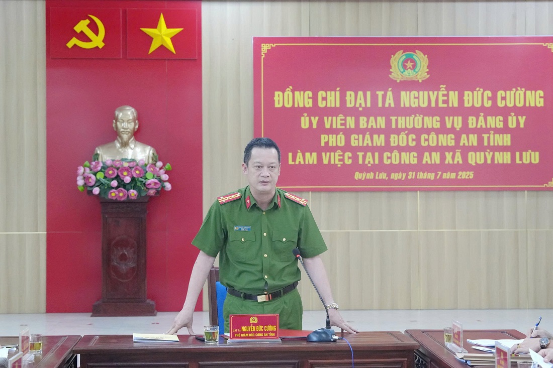 Đồng chí Đại tá Nguyễn Đức Cường, Ủy viên Ban Thường vụ Đảng ủy, Phó Giám đốc Công an tỉnh phát biểu chỉ đạo tại buổi làm việc