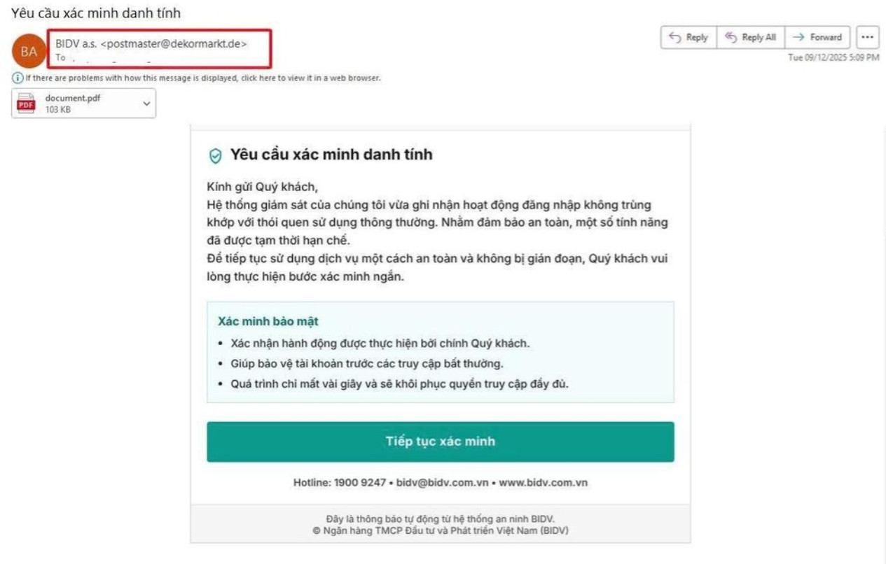 Ngân hàng BIDV cảnh báo email giả mạo chứa đường dẫn không an toàn