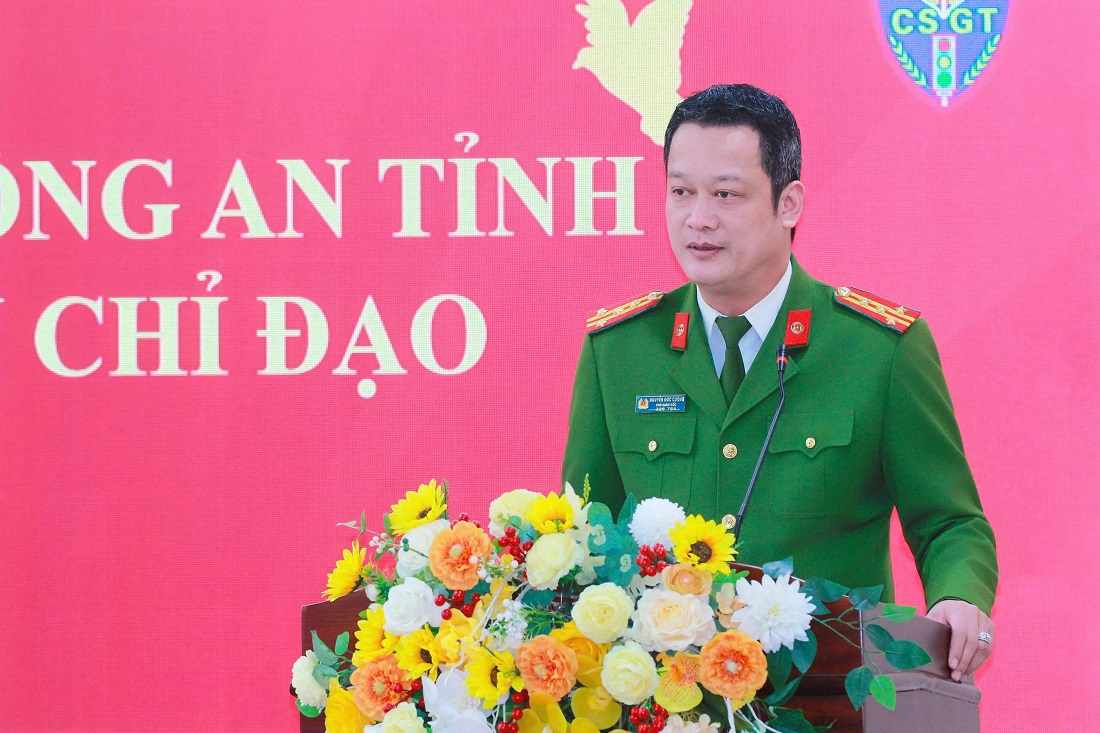 Đồng chí Đại tá Nguyễn Đức Cường, Ủy viên Ban Thường vụ Đảng ủy, Phó Giám đốc Công an tỉnh phát biểu chỉ đạo tại Hội nghị