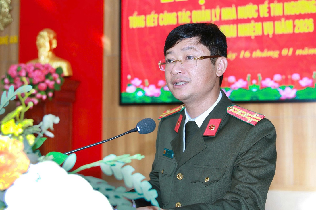 Đồng chí Đại tá Trần Ngọc Tuấn – Phó Giám đốc Công an tỉnh trình bày tham luận 