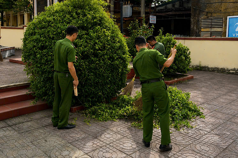 ông an xã Văn Hiến tổ chức ra quân vệ sinh môi trường