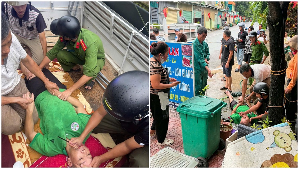 Đại uý Hoàng Tiến Thành và Thượng uý Hồ Hồng Quân, cán bộ Công an xã Mường Xén cùng người dân tiến hành sơ cứu và hỗ trợ người nhà đưa anh May đi đến cơ sở y tế cấp cứu kịp thời 