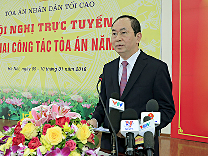 Chủ tịch nước Trần Đại Quang, Trưởng Ban Chỉ đạo cải cách tư pháp Trung ương phát biểu chỉ đạo hội nghị tổng kết năm 2017 và triển khai công tác năm 2018 của ngành toà án. Ảnh: NHAN SÁNG