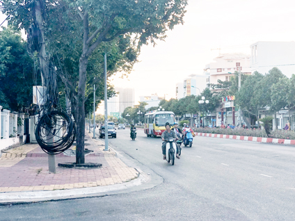 Cáp viễn thông, truyền hình quấn thành vòng lớn treo lơ lửng trên thân cột điện ở đường 30-4 (TP.Vũng Tàu). 