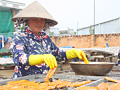 Chế biến cá khô tại cơ sở sản xuất của ông Hồ Trường Thành  (thị trấn Phước Hải, huyện Đất Đỏ).