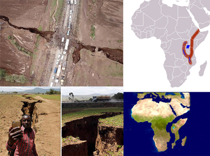 Từ trái qua, trên xuống: Quang cảnh rãnh nứt khổng lồ cắt ngang tuyến đường cao tốc chính ở Tây Nam Kenya; Vị trí Đới tách giãn Đông Phi trên bản đồ châu lục; Trong lúc này, nhiều người dân địa phương không bỏ qua cơ hội chụp ảnh với khe nứt khổng lồ để “khoe” trên mạng xã hội; Hình dung về lục địa châu Phi sau khi tách làm 2. 