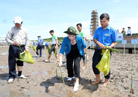 Chủ tịch Quốc hội Nguyễn Thị Kim Ngân tham gia trồng cây ở xóm Mũi, xã Đất Mũi, huyện Ngọc Hiển (Cà Mau). Ảnh: TTXVN