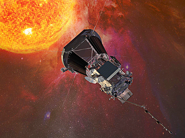 Hình ảnh mô phỏng tàu vũ trụ Parker Solar Probe thực hiện nhiệm vụ nghiên cứu bầu khí quyển của Mặt Trời.