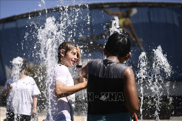 Trẻ em tránh nóng tại vòi phun nước ở Melbourne, Australia,  ngày 24/1/2019. (Ảnh AFP)