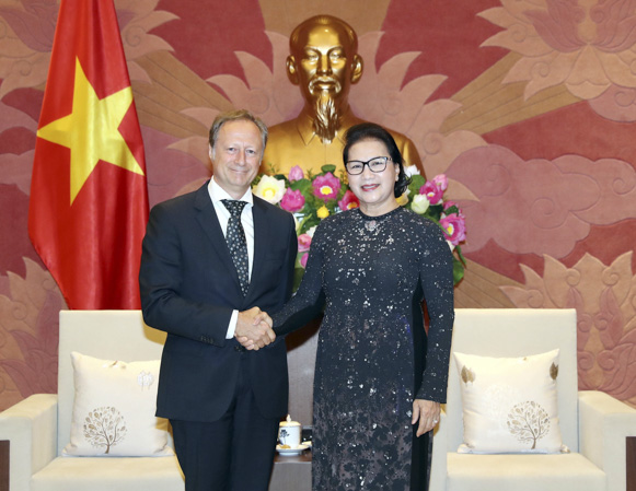 Chủ tịch Quốc hội Nguyễn Thị Kim Ngân tiếp ngài Bruno Angelet, Trưởng Phái đoàn Liên minh châu Âu tại Việt Nam đến chào từ biệt nhân dịp kết thúc nhiệm kỳ công tác. Ảnh: TRỌNG ĐỨC