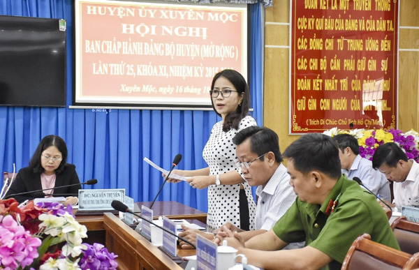 Bà Lê Thị Trang Đài, Chủ tịch UBND huyện Xuyên Mộc báo cáo tổng hợp ý kiến của các Tổ thảo luận về kết quả thực hiện nhiệm vụ chính trị 9 tháng đầu năm 2019.