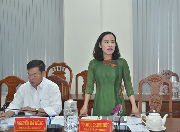 Đại biểu Võ Ngọc Thanh Trúc, Phó Trưởng Ban Tổ chức Tỉnh ủy phát biểu thảo luận tại Hội trường Huyện ủy Long Điền. Ảnh: CẨM NHUNG.