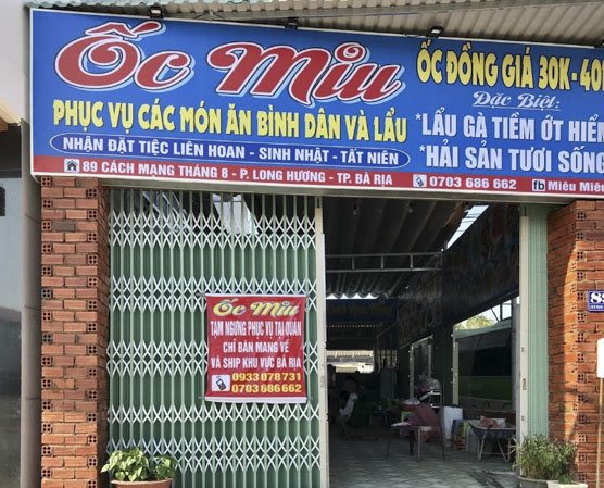 Quán Ốc Miu (89, Cách mạng Tháng Tám, phường Long Hương, TP. Bà Rịa) treo biển tạm ngưng phục vụ tại chỗ. 