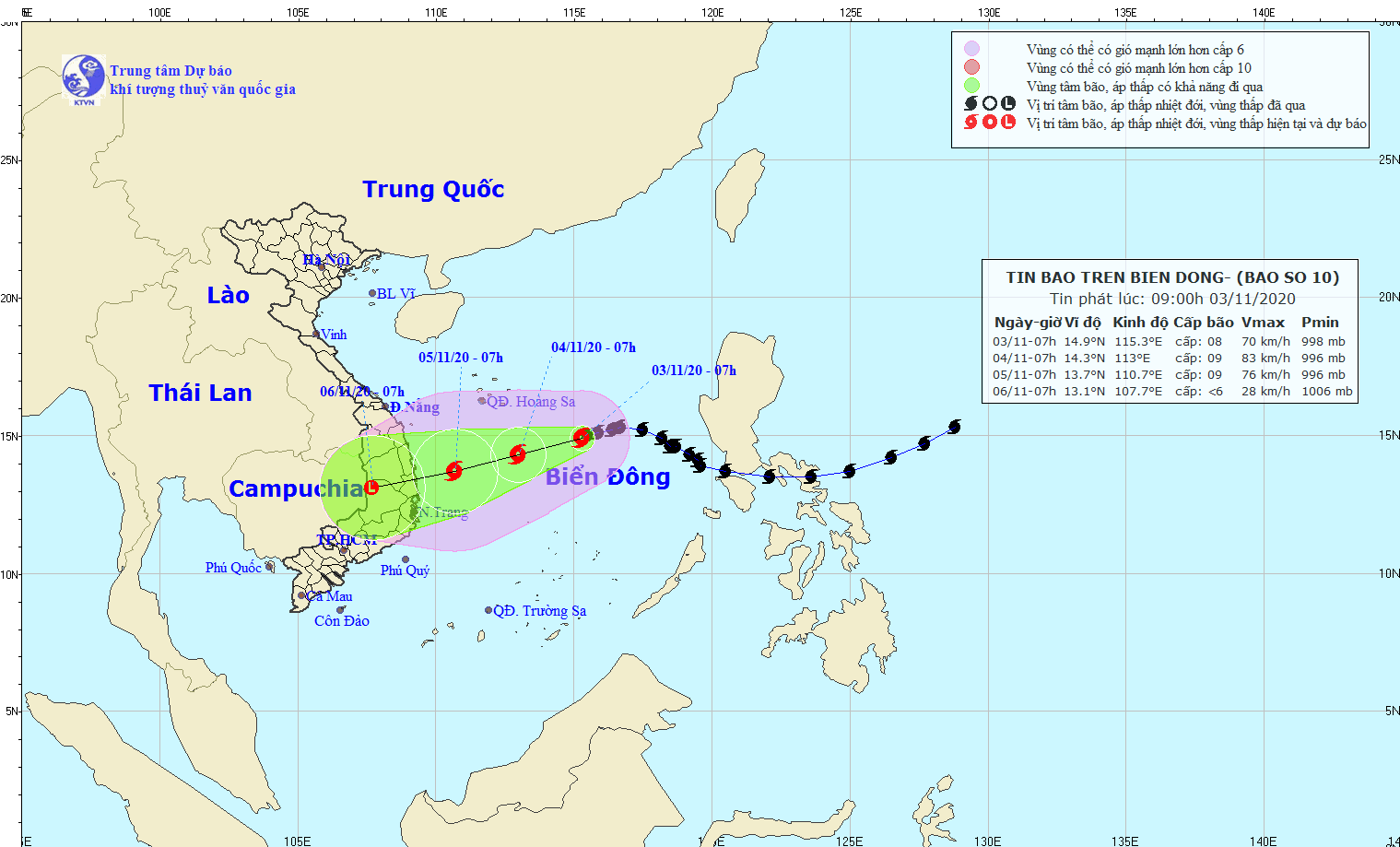 Vị trí và hướng di chuyển của bão số 10. (Nguồn: nchmf.gov.vn)