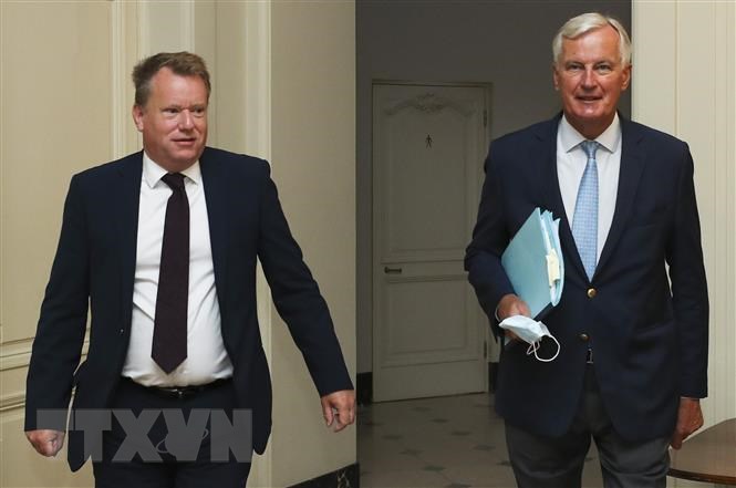 Trưởng đoàn đàm phán thương mại hậu Brexit của EU Michel Barnier (phải) và người đồng cấp Anh David Frost (trái) tại vòng đàm phán ở Brussels, Bỉ.