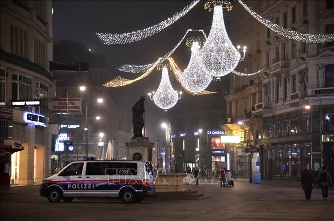 Cảnh sát tuần tra nhằm ngăn người dân tụ tập thành đám đông đón Năm mới 2021 vào thời khắc giao thừa ở thủ đô Vienna, Áo tối 31/12/2020. Ảnh: AFP/TTXVN.