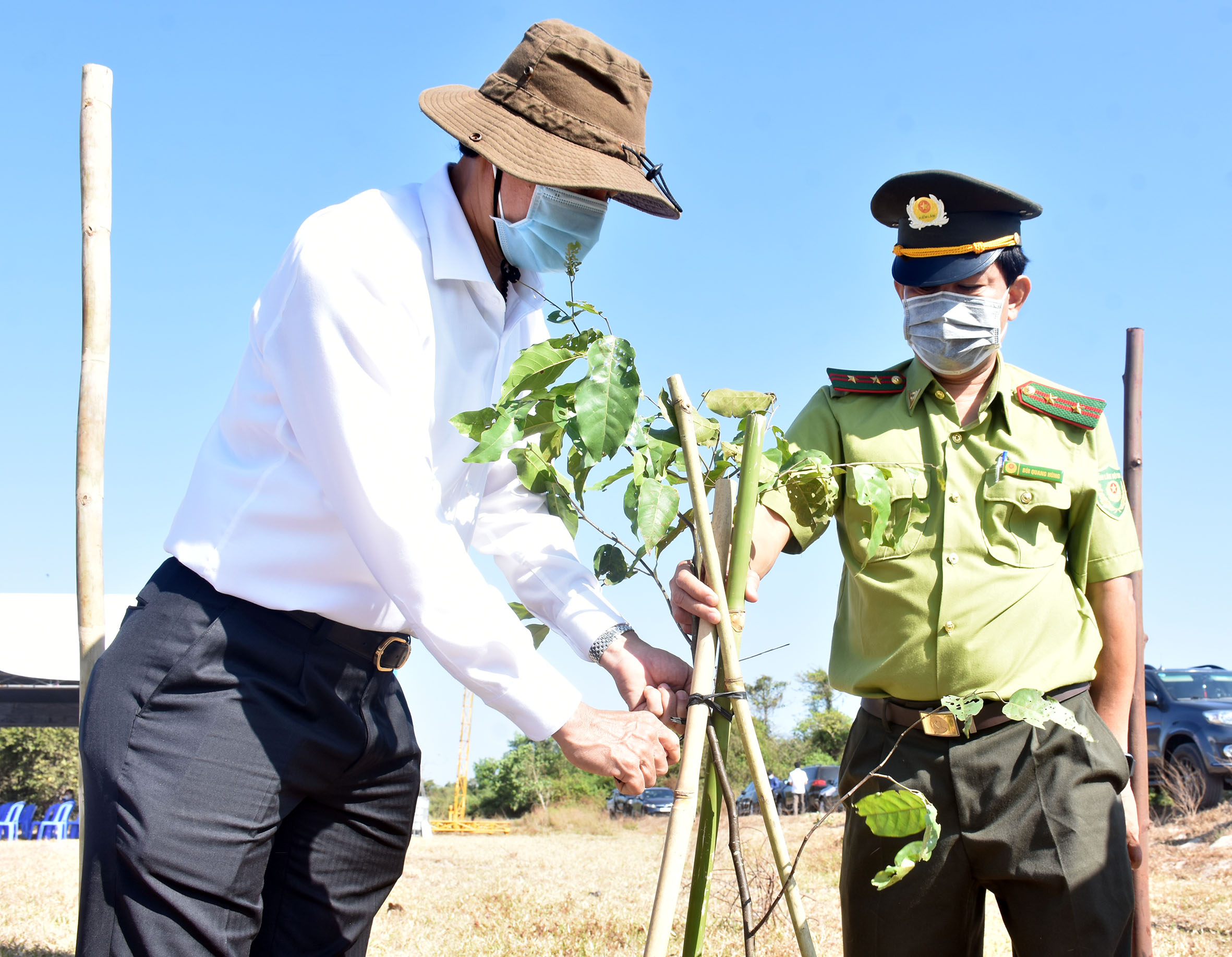 Ông Nguyễn Văn Thọ, Chủ tịch UBND tỉnh trồng cây tại buổi lễ.  Ảnh: QUANG VINH