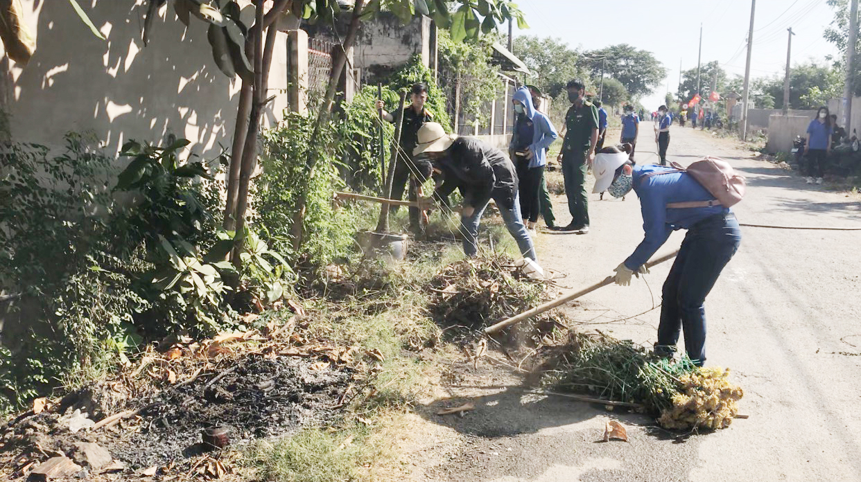 ĐVTN dọn dẹp vệ sinh dọc tuyến đường thôn Tân Lễ B, xã Châu Pha, TX. Phú Mỹ.