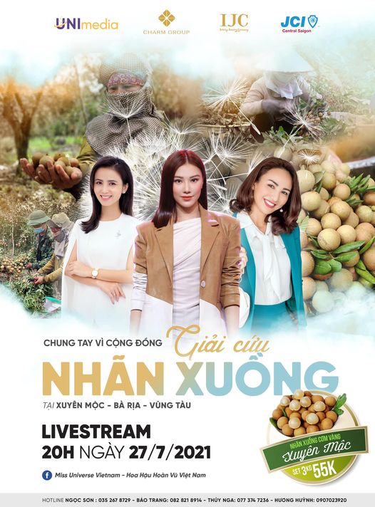 Hoa hậu Ngọc Diễm, Á hậu Kim Duyên livestream kêu gọi tiêu thụ nhãn tại  huyện Xuyên Mộc.  (Ảnh từ trang MissUniverseVietnam)